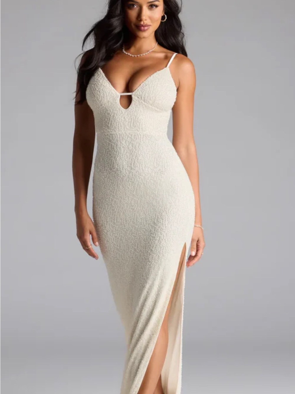 Windsor Cream Spaghetti-Strap Maxi Dress with High Side Slit - Picture 5 of 6